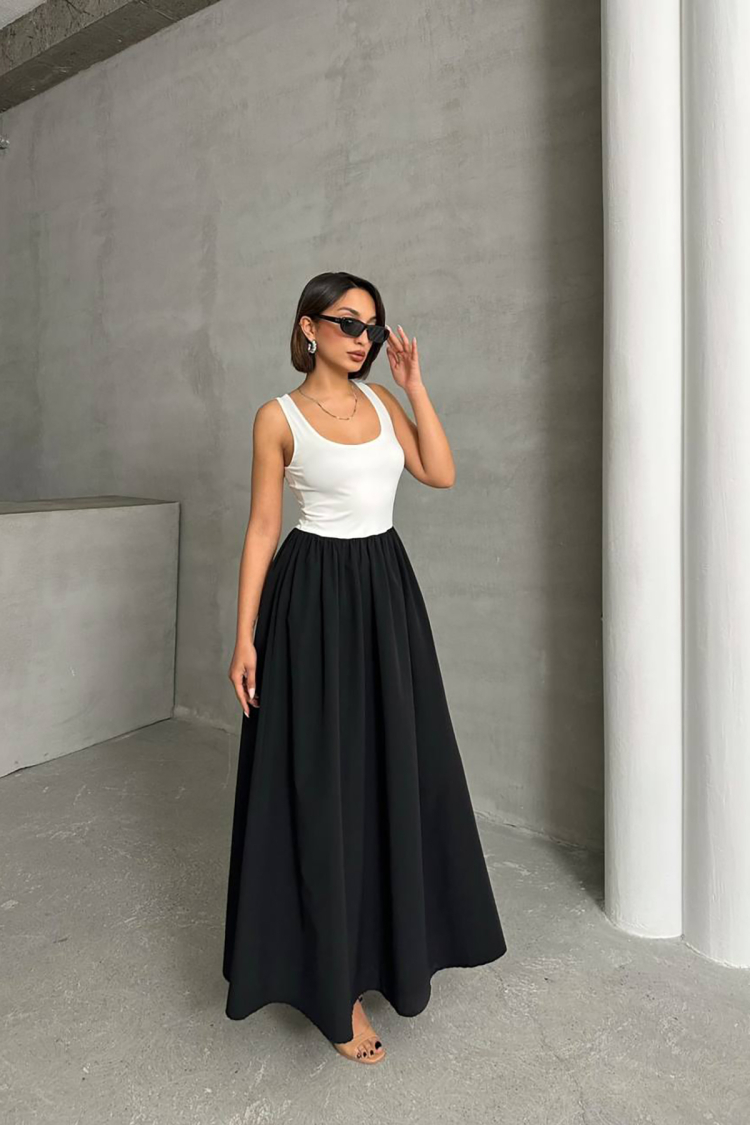 White Two Color Tank Top Dress With Straps - Mode Roy - Globality Store - Women Clothes Wholesale Turkey