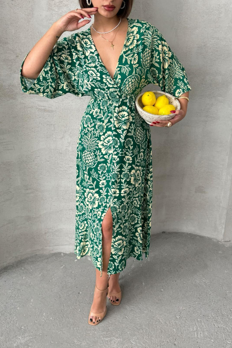 Casual Patterned Midi Length Viscose Dress - Mode Roy - Globality Store - Women Clothes Wholesale Turkey