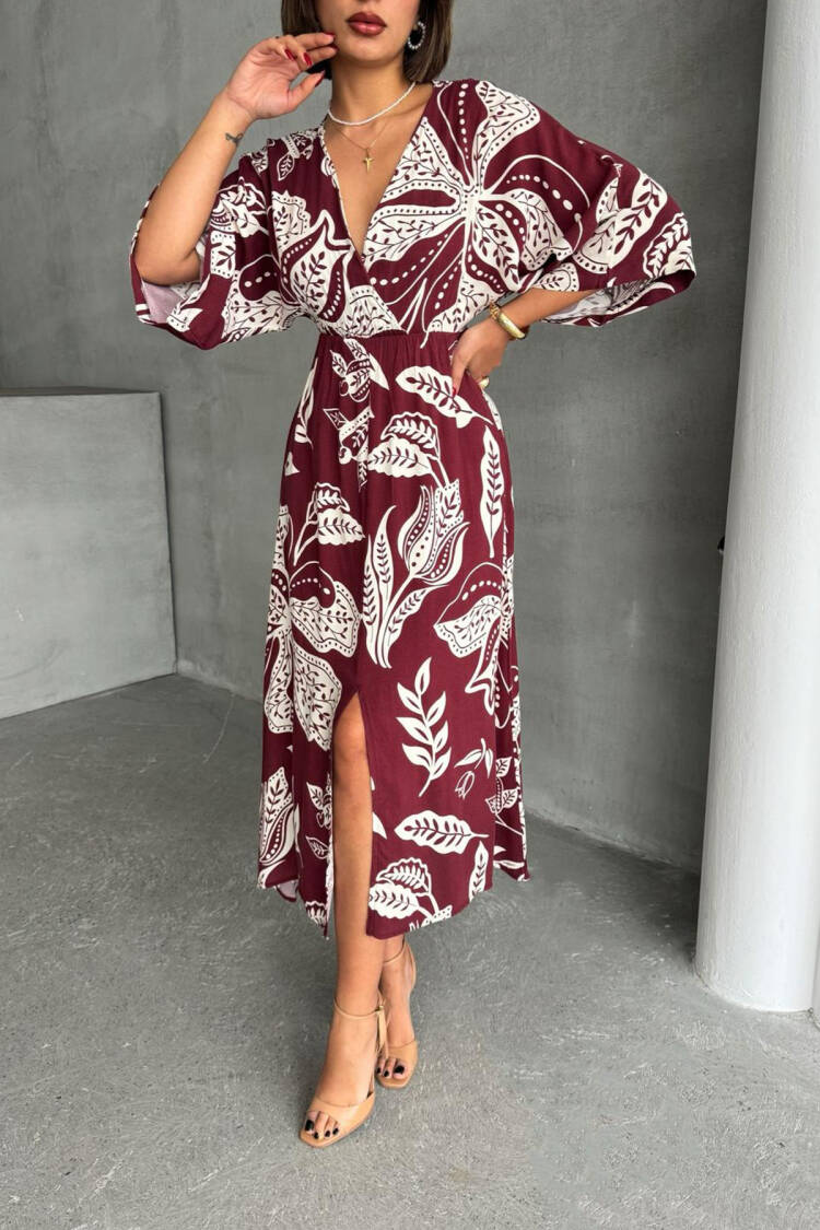 Casual Patterned Midi Length Viscose Dress - Burgundy - Mode Roy - Globality Store - Women Clothes Wholesale Turkey