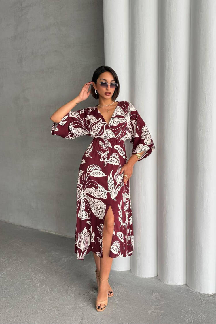 Casual Patterned Midi Length Viscose Dress - Burgundy