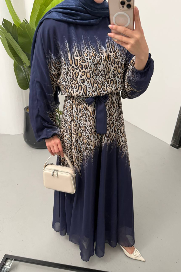 Leopard Print Chiffon Burkini Dress - Navy