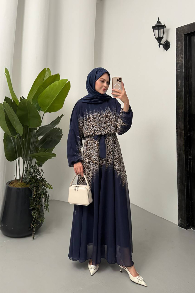 Leopard Print Chiffon Burkini Dress - Navy
