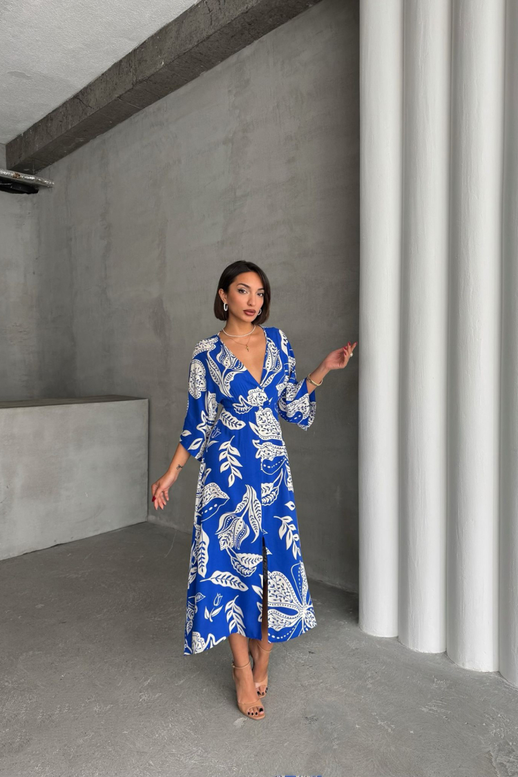 Casual Patterned Midi Length Viscose Dress - Mode Roy - Globality Store - Women Clothes Wholesale Turkey