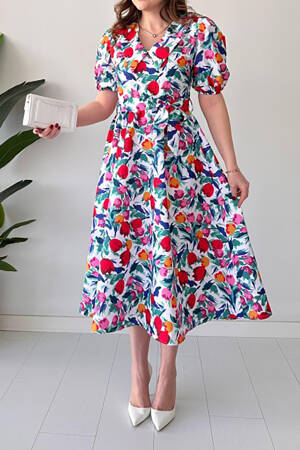 Belted Poplin Fabric Patterned Dress - Multicolor - Mode Roy - Globality Store - Women Clothes Wholesale Turkey
