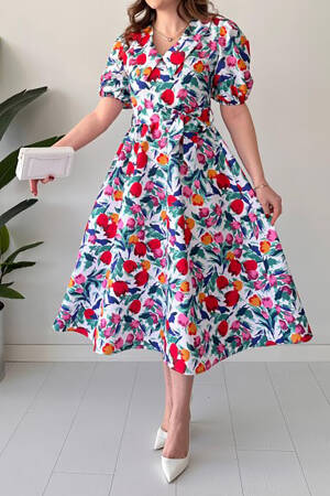 Belted Poplin Fabric Patterned Dress - Multicolor - Mode Roy - Globality Store - Women Clothes Wholesale Turkey