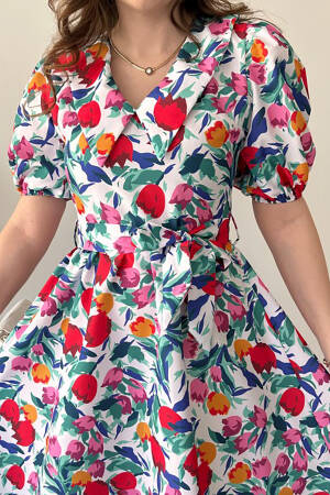 Belted Poplin Fabric Patterned Dress - Multicolor - Mode Roy - Globality Store - Women Clothes Wholesale Turkey