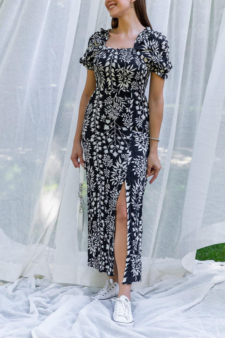 Viscose Fabric Madonna Collar Patterned Dress