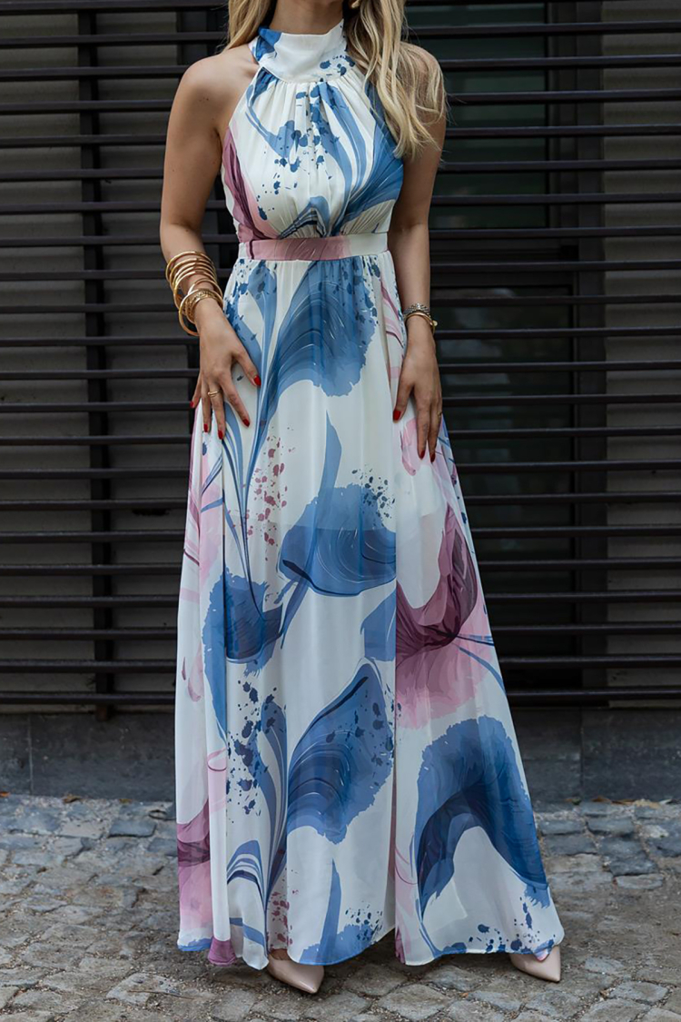 Halter Collar Lined Maxi Chiffon Dress