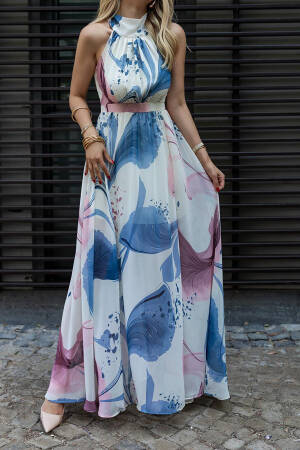 Halter Collar Lined Maxi Chiffon Dress - Mode Roy - Globality Store - Women Clothes Wholesale Turkey