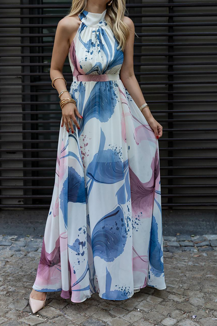 Halter Collar Lined Maxi Chiffon Dress