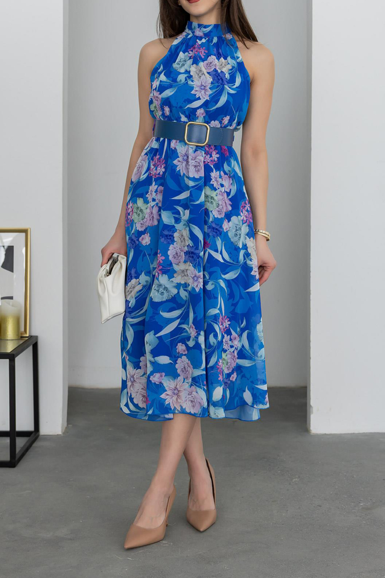Midi Length Chiffon Dress With Belt - Saks