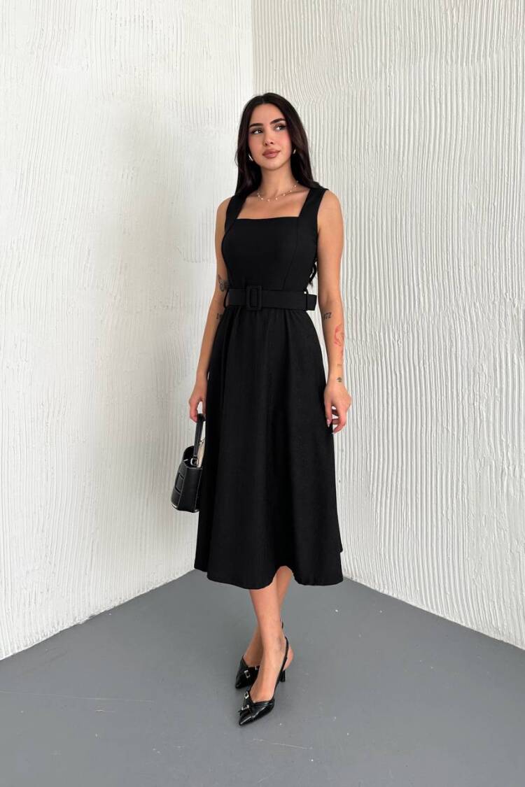 Lycra Belt Detailed Sling Dress - Mode Roy - Globality Store - Women Clothes Wholesale Turkey