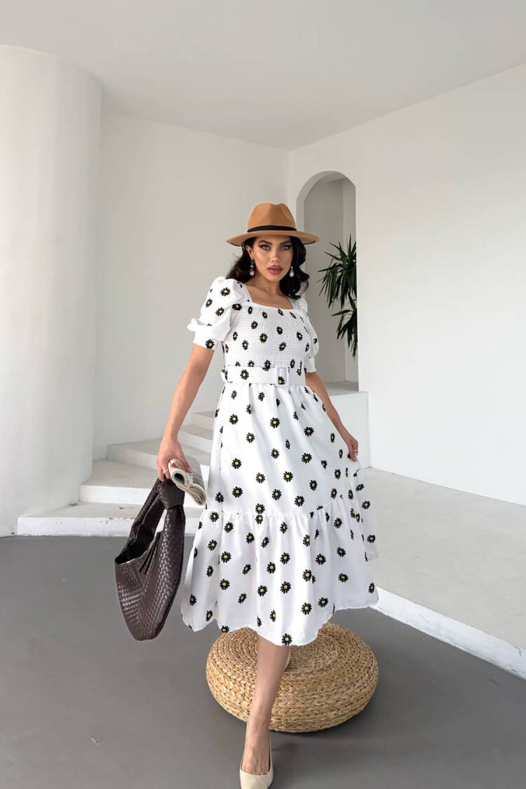 Square Collar Floral Midi Dress With Belt - Mode Roy - Globality Store - Women Clothes Wholesale Turkey