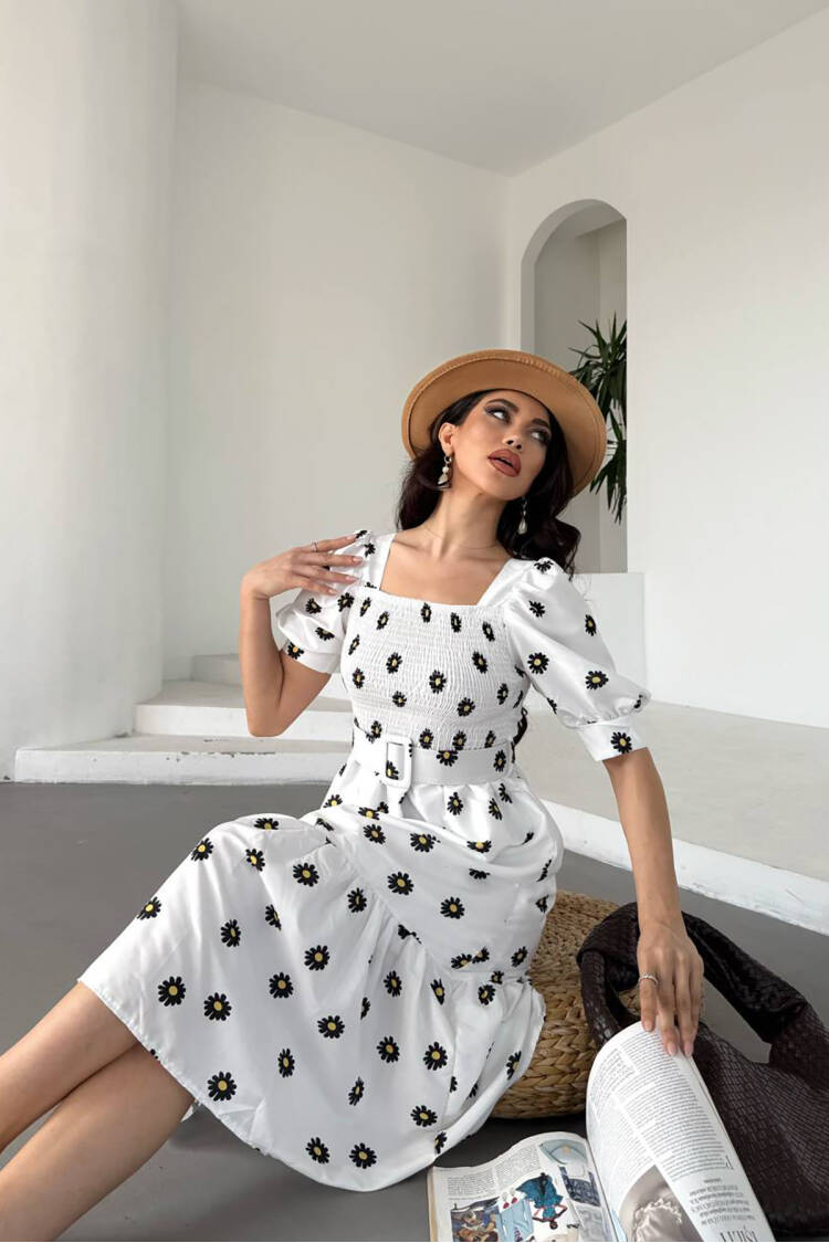 Square Collar Floral Midi Dress With Belt
