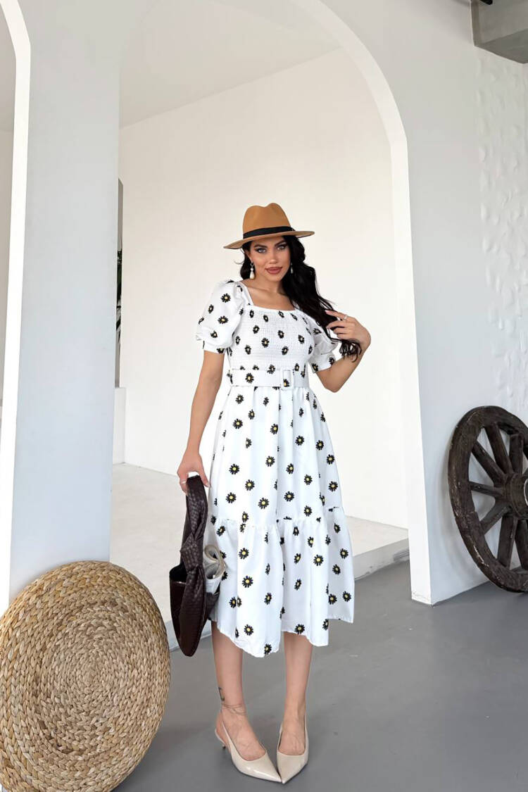 Square Collar Floral Midi Dress With Belt