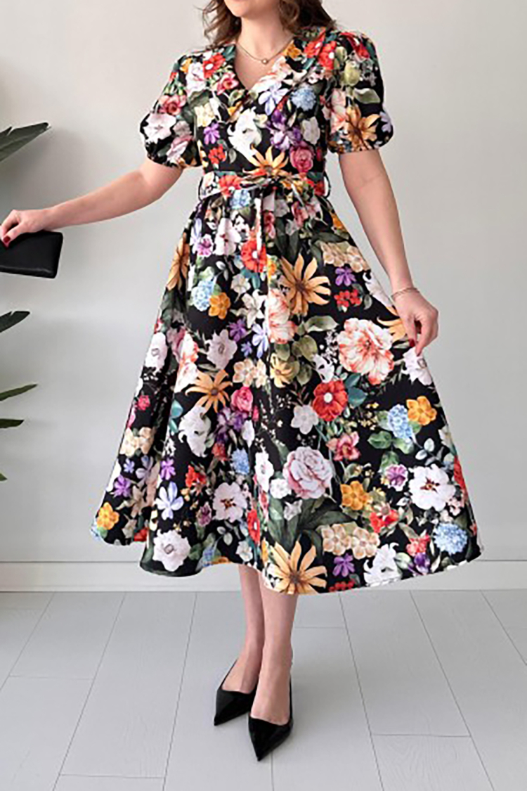 Belted Poplin Fabric Patterned Dress
