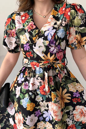 Belted Poplin Fabric Patterned Dress - Mode Roy - Globality Store - Women Clothes Wholesale Turkey