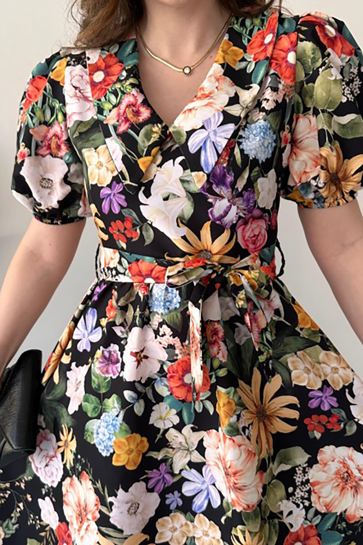 Belted Poplin Fabric Patterned Dress