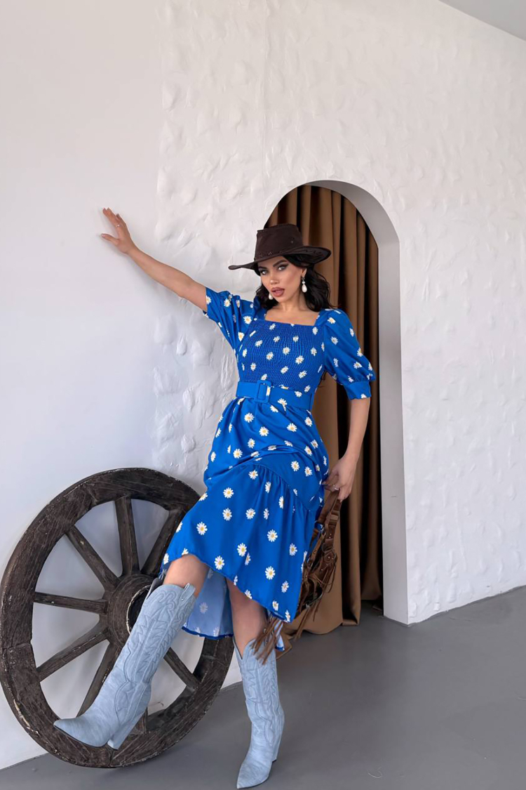 Square Collar Floral Midi Dress With Belt - Mode Roy - Globality Store - Women Clothes Wholesale Turkey
