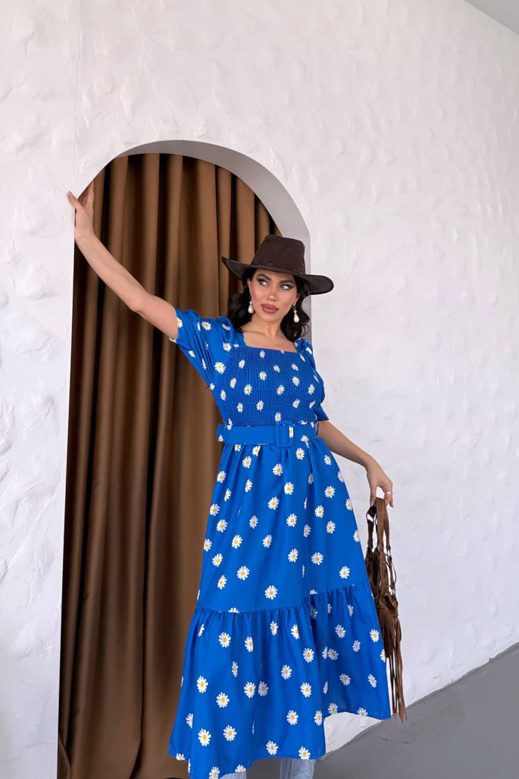 Square Collar Floral Midi Dress With Belt