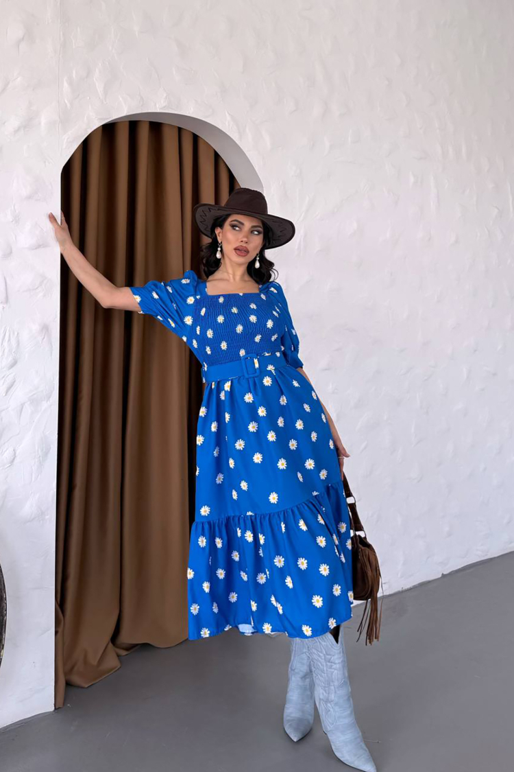 Square Collar Floral Midi Dress With Belt