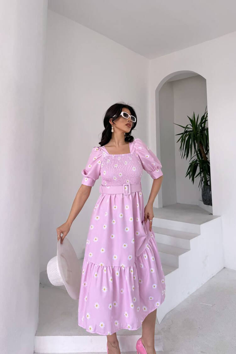 Square Collar Floral Midi Dress With Belt