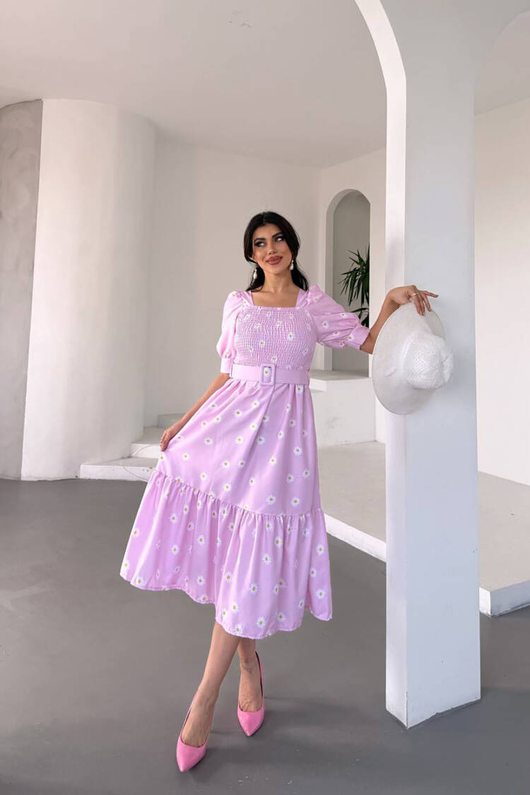 Square Collar Floral Midi Dress With Belt - Mode Roy - Globality Store - Women Clothes Wholesale Turkey