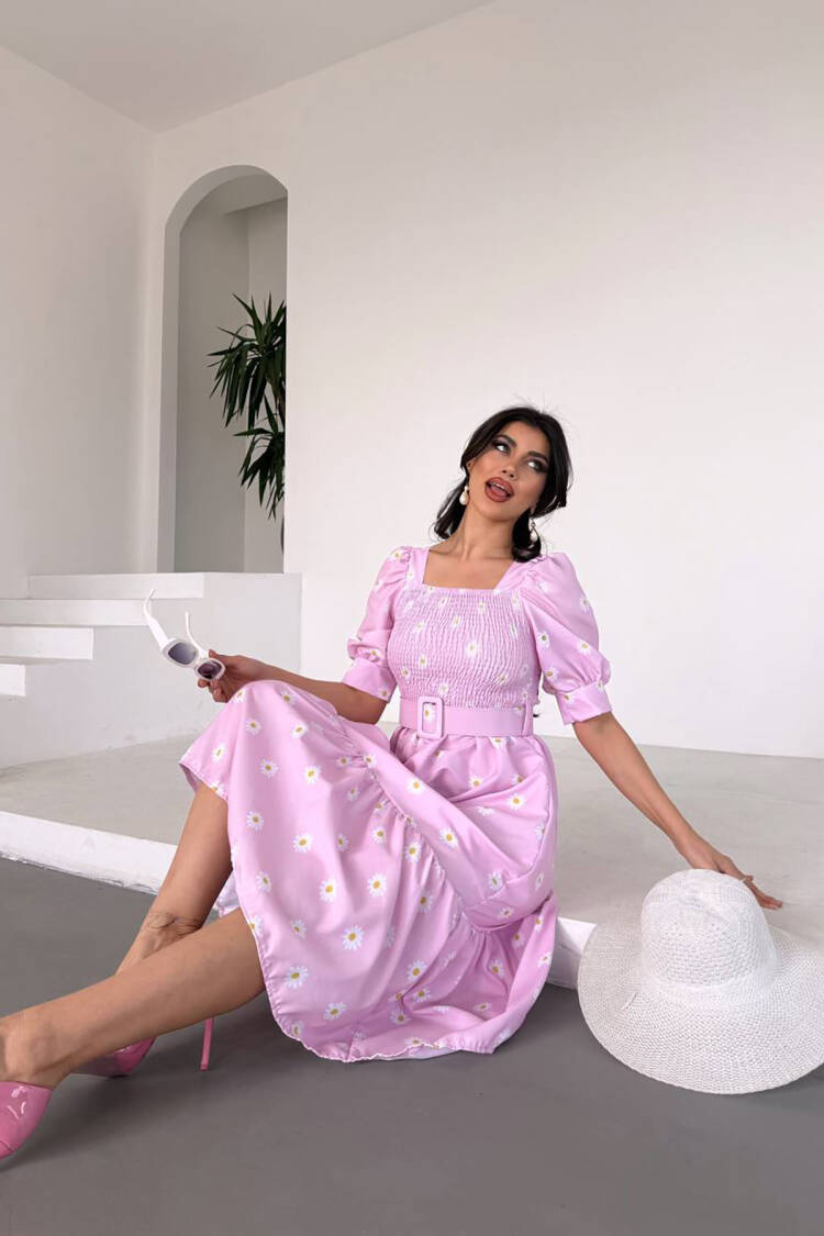 Square Collar Floral Midi Dress With Belt