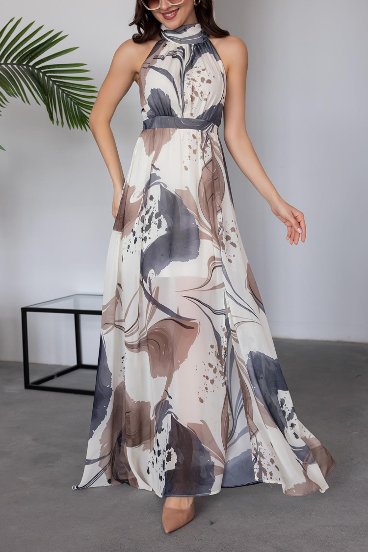 Halter Collar Lined Maxi Chiffon Dress - Gray
