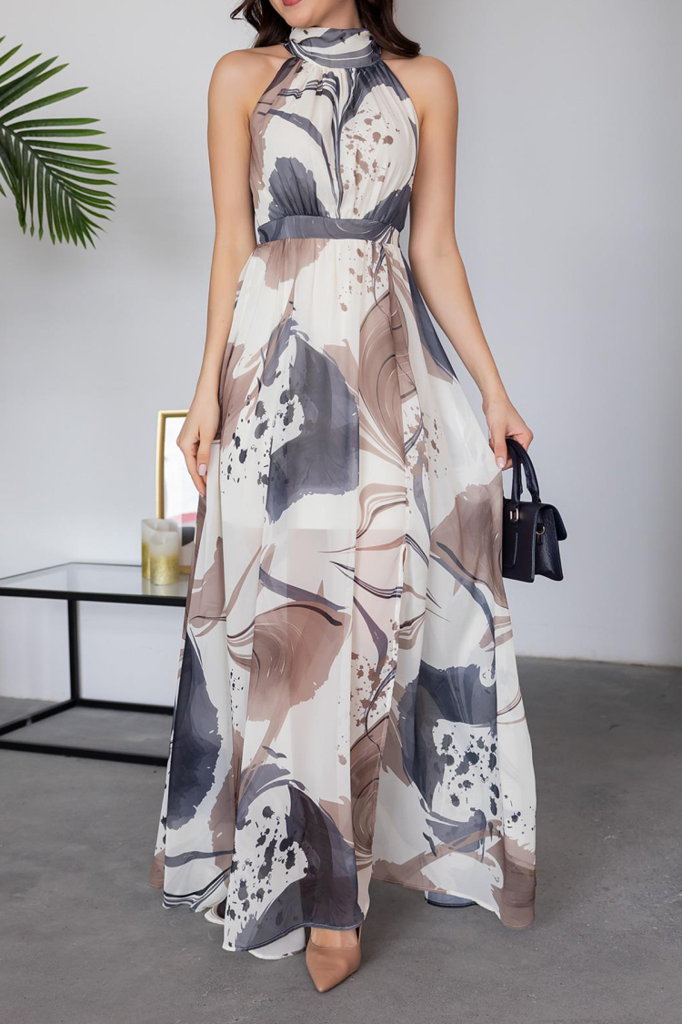 Halter Collar Lined Maxi Chiffon Dress - Gray