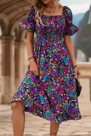 Women's Short Sleeve Square Neck Elastic Waist Floral Print Mini Suit Dress - Mix Color - Janes - Globality Store - Women Clothes Wholesale Turkey