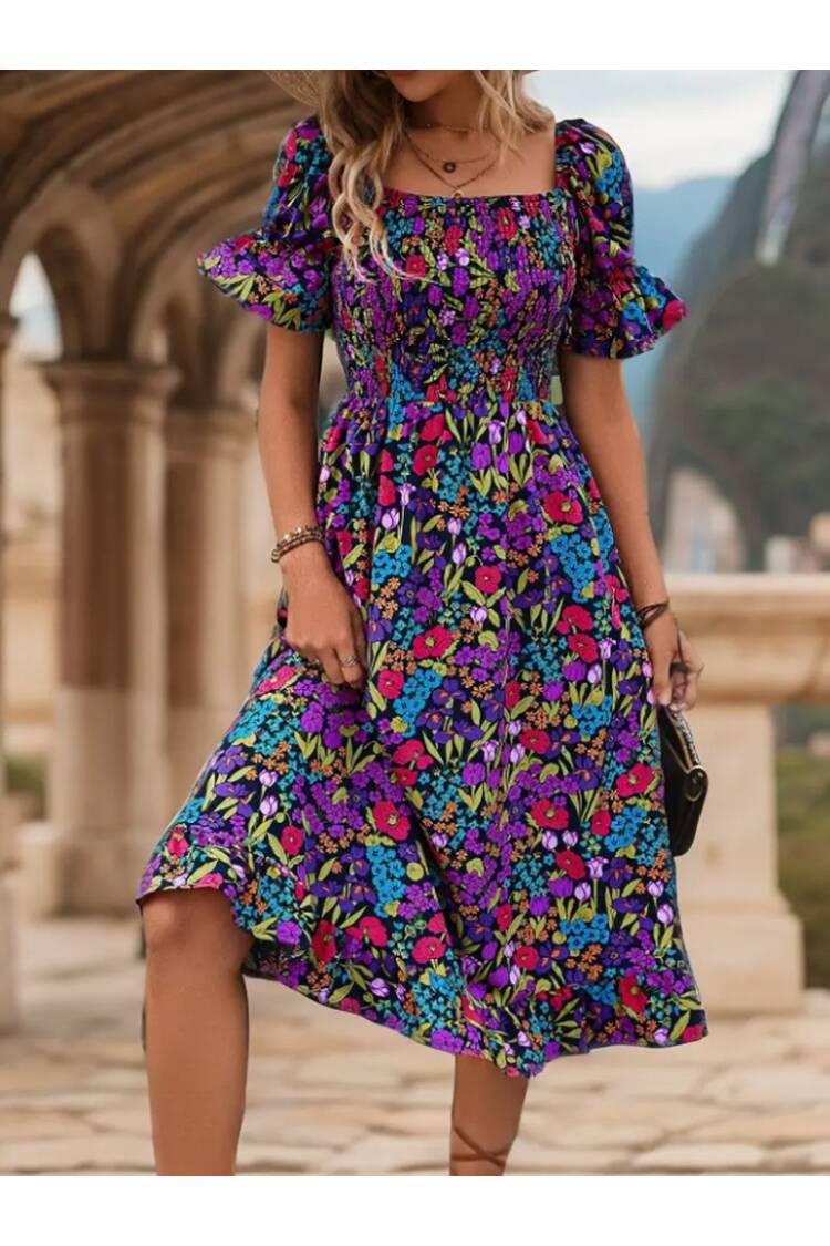 Women's Short Sleeve Square Neck Elastic Waist Floral Print Mini Suit Dress - Mix Color - Janes - Globality Store - Women Clothes Wholesale Turkey