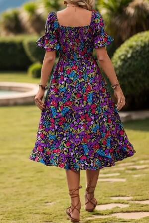 Women's Short Sleeve Square Neck Elastic Waist Floral Print Mini Suit Dress - Mix Color - Janes - Globality Store - Women Clothes Wholesale Turkey