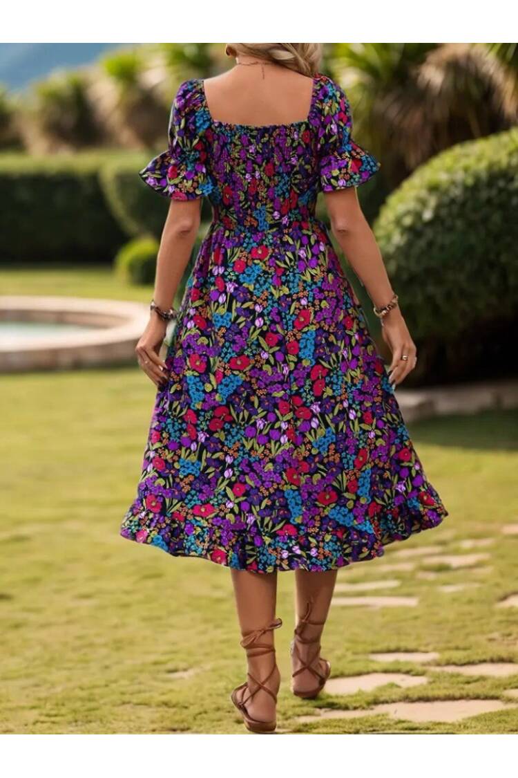Women's Short Sleeve Square Neck Elastic Waist Floral Print Mini Suit Dress - Mix Color