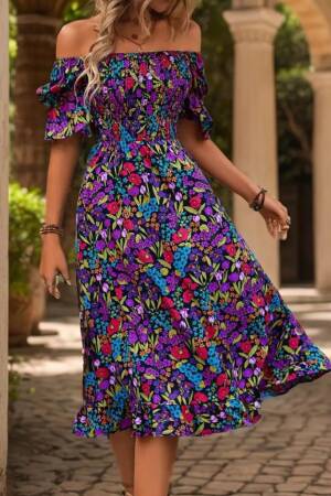 Women's Short Sleeve Square Neck Elastic Waist Floral Print Mini Suit Dress - Mix Color - Janes - Globality Store - Women Clothes Wholesale Turkey