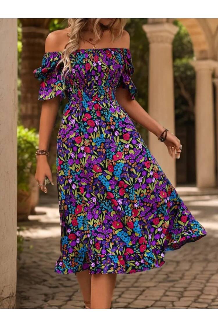 Women's Short Sleeve Square Neck Elastic Waist Floral Print Mini Suit Dress - Mix Color