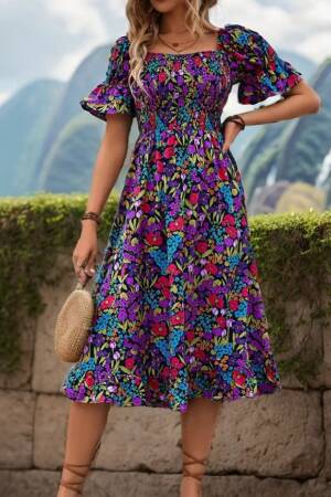 Women's Short Sleeve Square Neck Elastic Waist Floral Print Mini Suit Dress - Mix Color - Janes - Globality Store - Women Clothes Wholesale Turkey