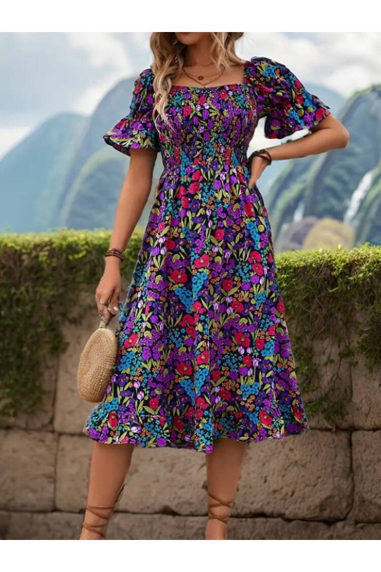 Women's Short Sleeve Square Neck Elastic Waist Floral Print Mini Suit Dress - Mix Color