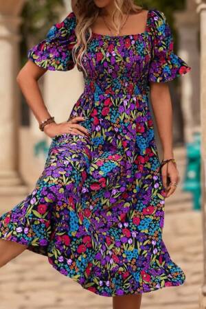 Women's Short Sleeve Square Neck Elastic Waist Floral Print Mini Suit Dress - Mix Color - Janes - Globality Store - Women Clothes Wholesale Turkey