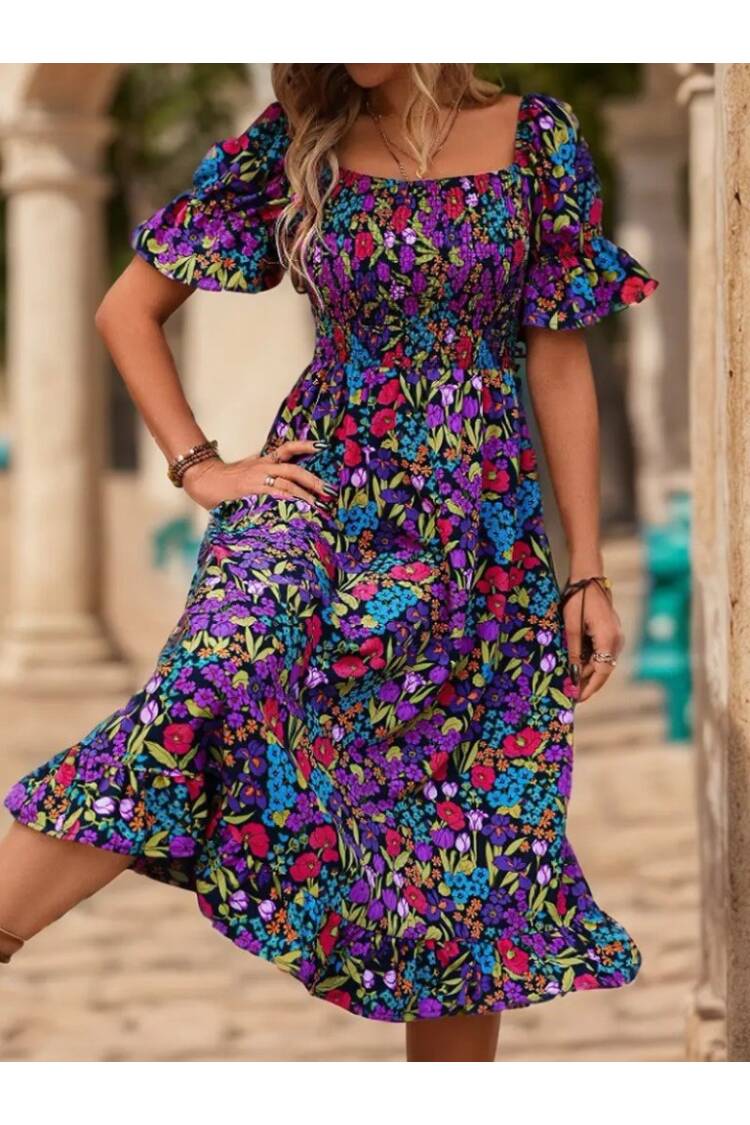 Women's Short Sleeve Square Neck Elastic Waist Floral Print Mini Suit Dress - Mix Color