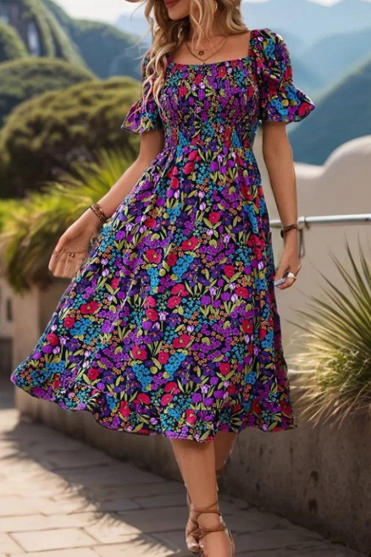 Women's Short Sleeve Square Neck Elastic Waist Floral Print Mini Suit Dress - Mix Color