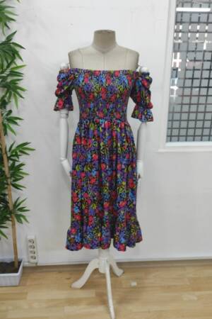 Women's Short Sleeve Square Neck Elastic Waist Floral Print Mini Suit Dress - Mix Color - Janes - Globality Store - Women Clothes Wholesale Turkey
