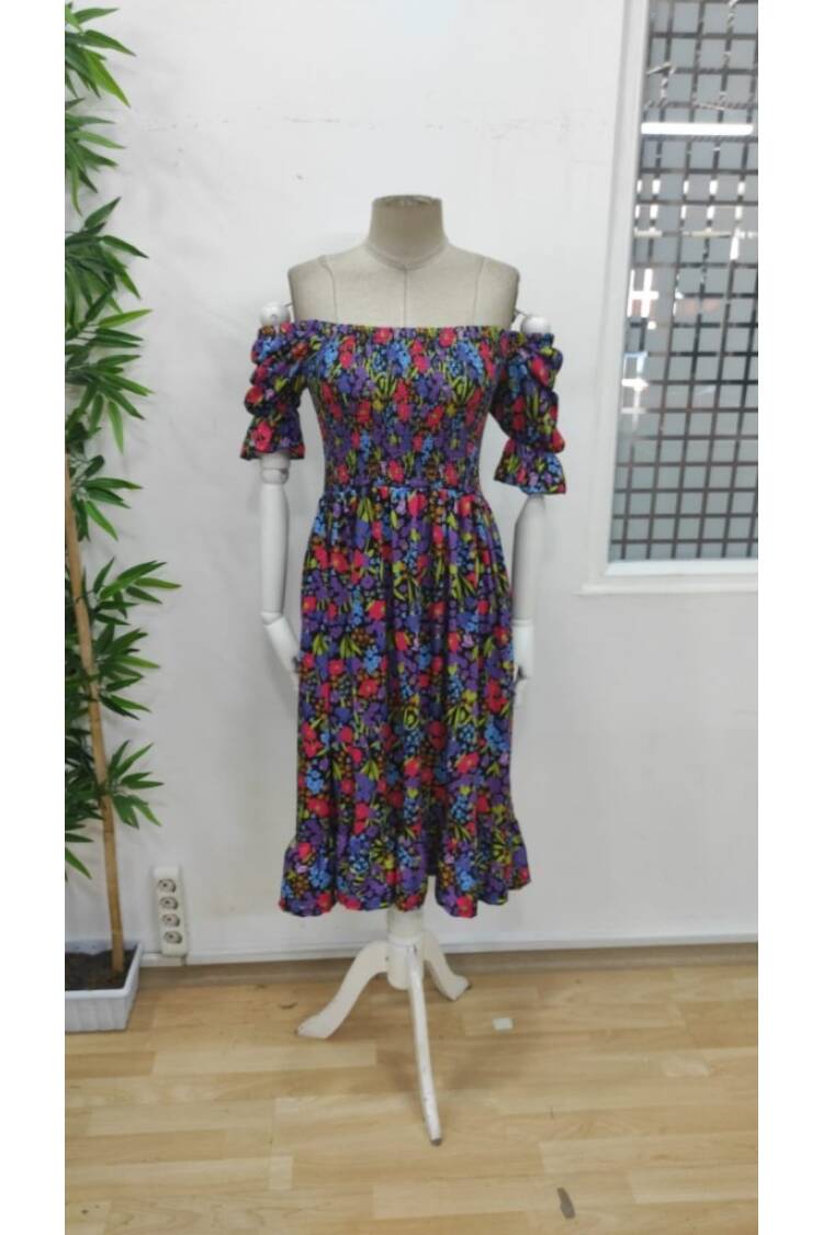 Women's Short Sleeve Square Neck Elastic Waist Floral Print Mini Suit Dress - Mix Color