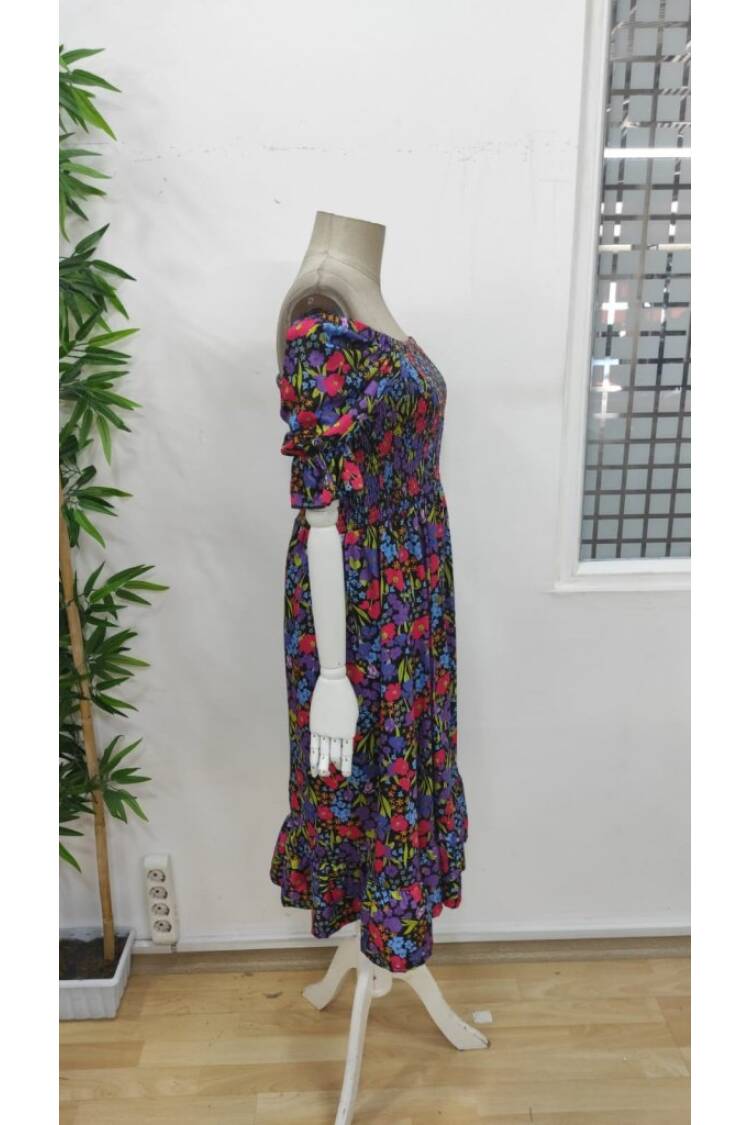 Women's Short Sleeve Square Neck Elastic Waist Floral Print Mini Suit Dress - Mix Color