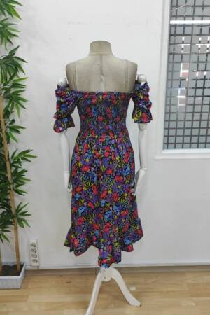 Women's Short Sleeve Square Neck Elastic Waist Floral Print Mini Suit Dress - Mix Color - Janes - Globality Store - Women Clothes Wholesale Turkey