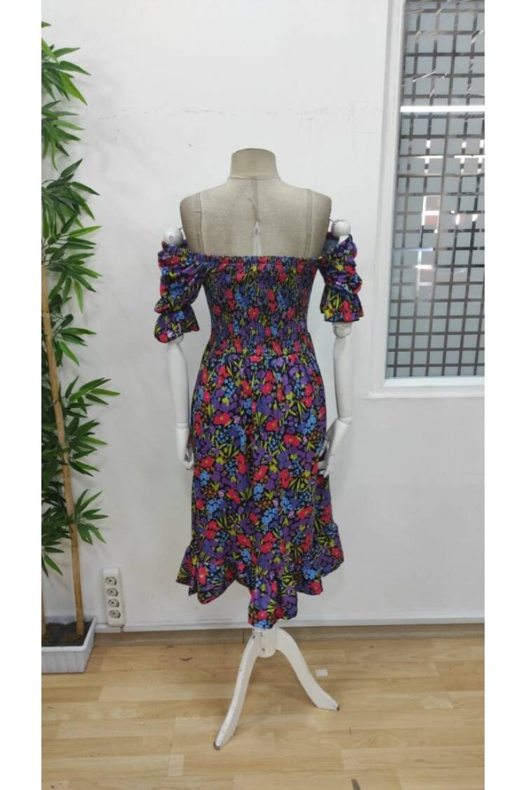 Women's Short Sleeve Square Neck Elastic Waist Floral Print Mini Suit Dress - Mix Color