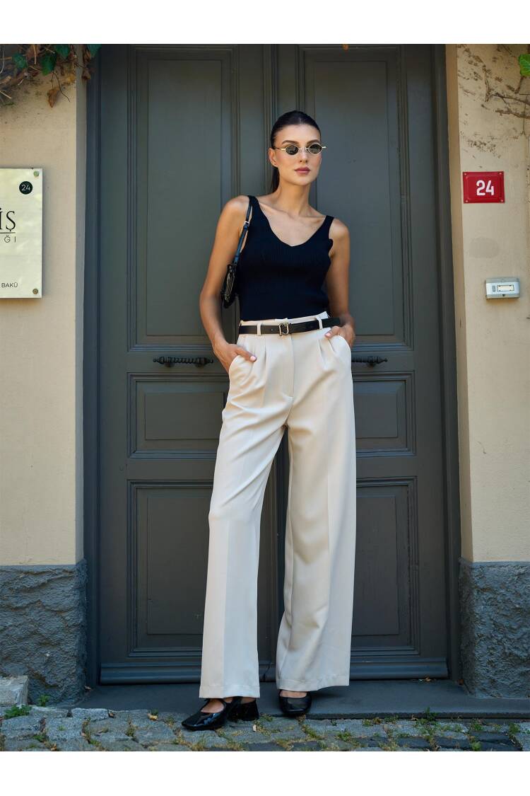 Pile Detailed Palazzo Pants - Brand: Juste - Women's Clothing Wholesale - Globality Store