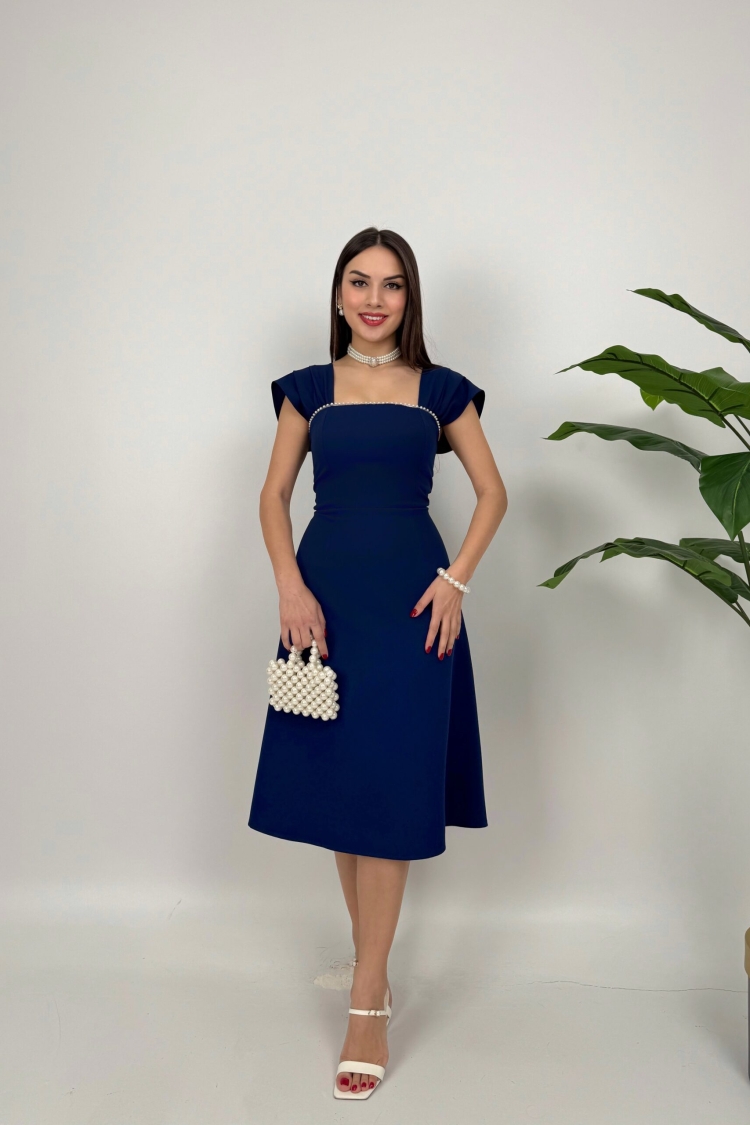Chest Stripe Pearl Detail Dress - Miss Janell - Globality Store - Women Clothes Wholesale Turkey
