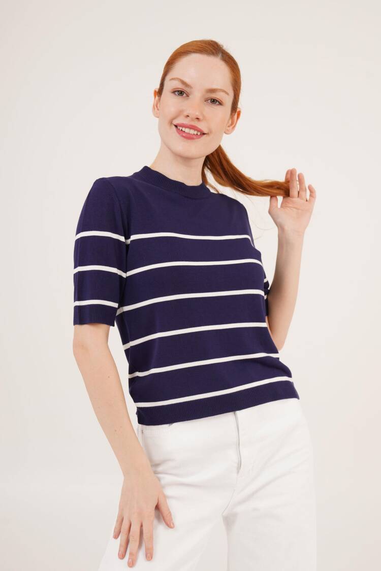 Striped Short Sleeve Navy Wholesale Blouse