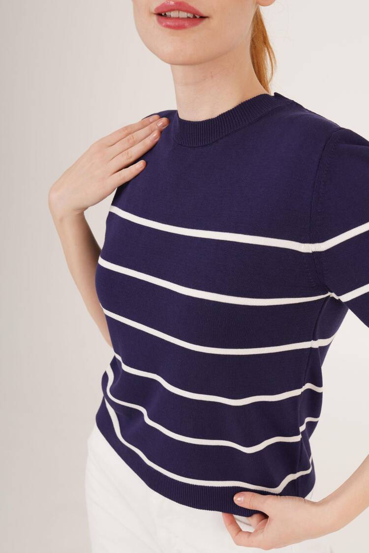 Striped Short Sleeve Navy Wholesale Blouse